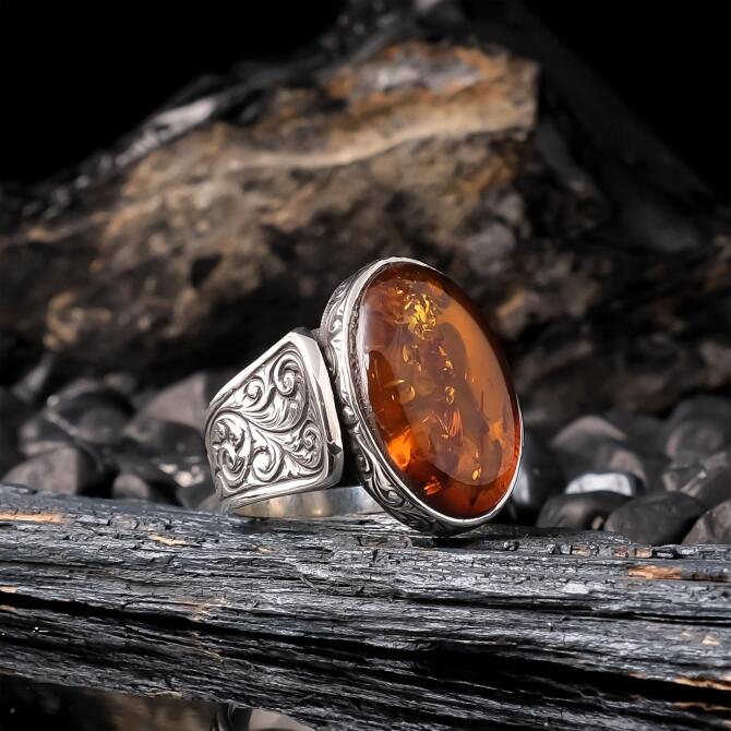 Midyat Work Bal Drop Amber 925 K Silver Ring