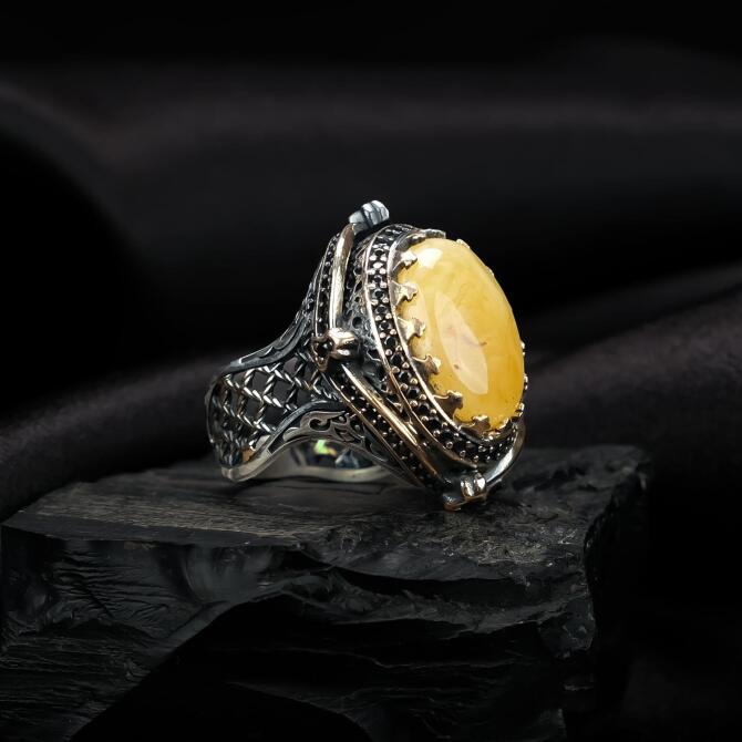 Midyat Model Damla Kehribar Yüzük - Tesbihcibaba