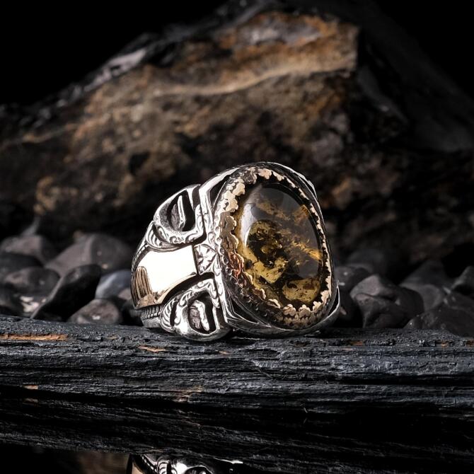 Milyon Yıllık Bitkisel Fossil Karayip Drop Amber 925 K Silver Ring