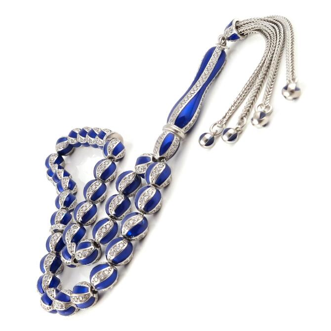 Mine İşlemeli Silver Blue Gümüş Tesbih - Tesbihcibaba