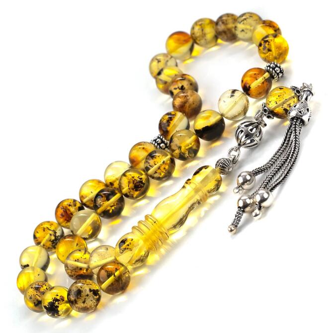 Misket Kesim Litvanya Altını Fosilli Damla Kehribar Tesbih - Tesbihcibaba