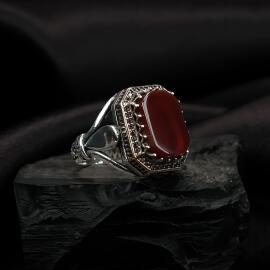 Modern Kasa Kırmızı Taşlı Gümüş Yüzük - 2
