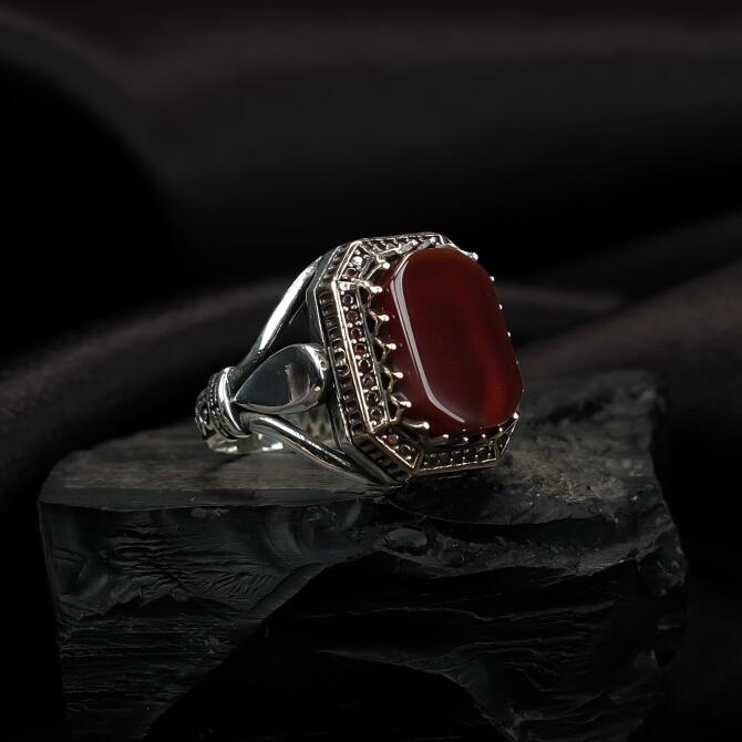 Modern Kasa Kırmızı Taşlı Gümüş Yüzük - Tesbihcibaba