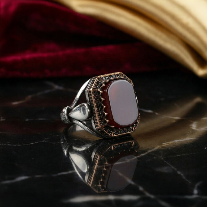 Modern Kasa Kırmızı Taşlı Gümüş Yüzük - Tesbihcibaba