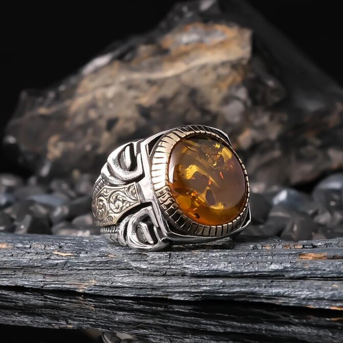 Muhafız Natural Fossil Bal Drop Amber 925 K Silver Ring