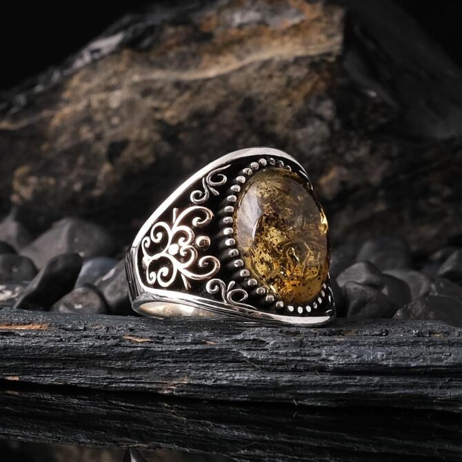Nadir Bulunan Special Craftsmanship Karayip Drop Amber 925 K Silver Ring