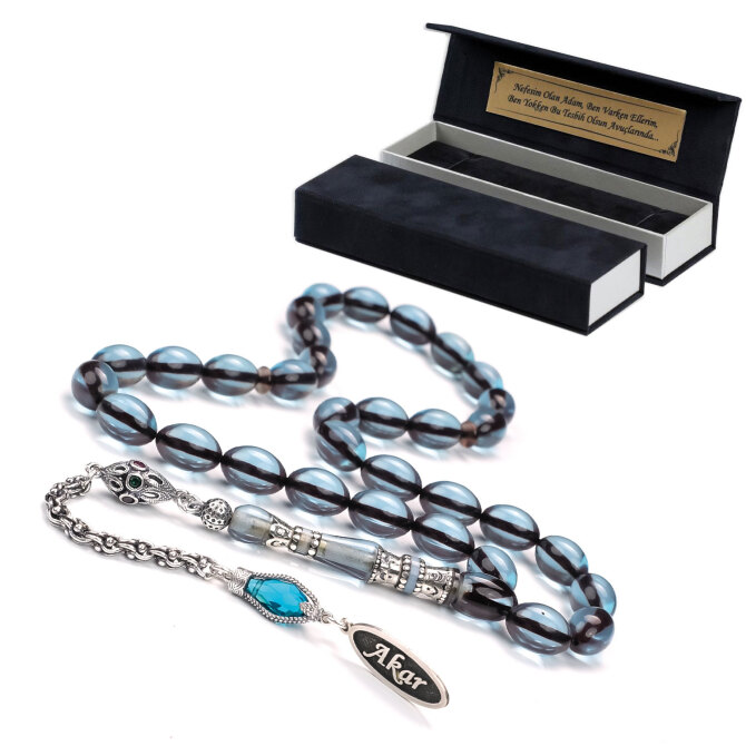 Nakkaş Bodrum Mavisi İsimli Sıkma Kehribar Tesbih - Tesbihcibaba