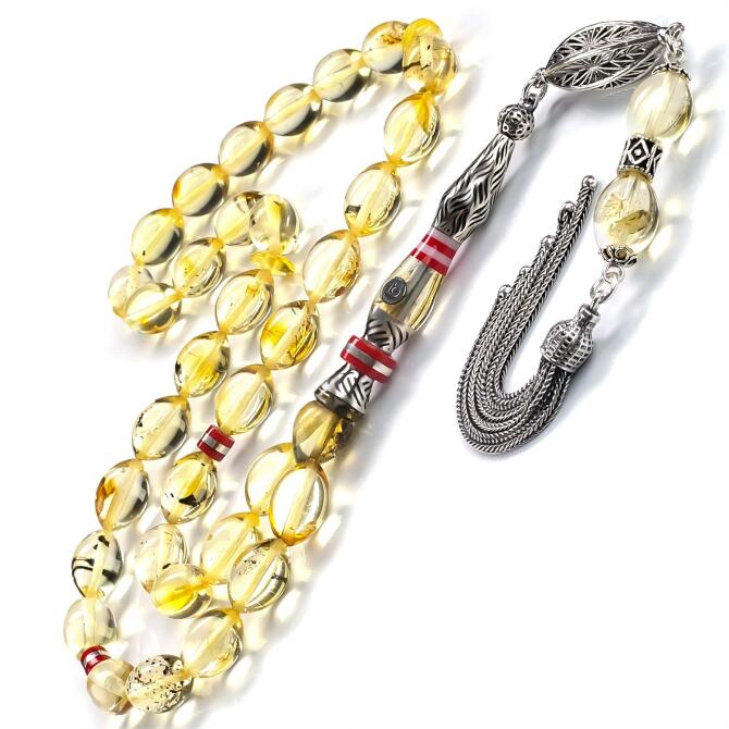 Nakkaş Fosilli Beyzi Su Damlası Kehribar Tesbih - Tesbihcibaba