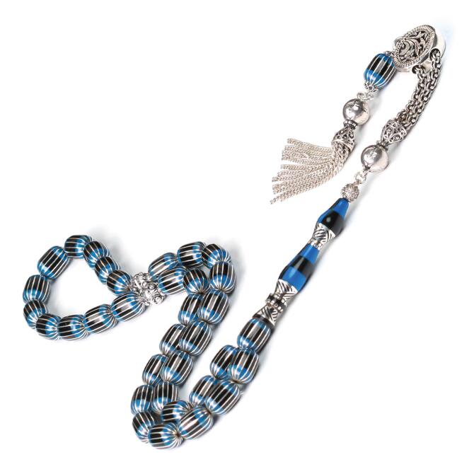 Nakkaş Gök Mavi Gümüş Yarma Erzurum Oltu Taşı Tesbih - Tesbihcibaba