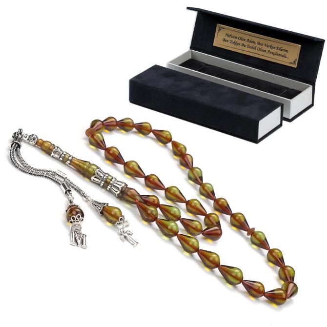 Nakkaş Göz Yaşı Harf Püsküllü Sıkma Kehribar Tesbih - Tesbihcibaba