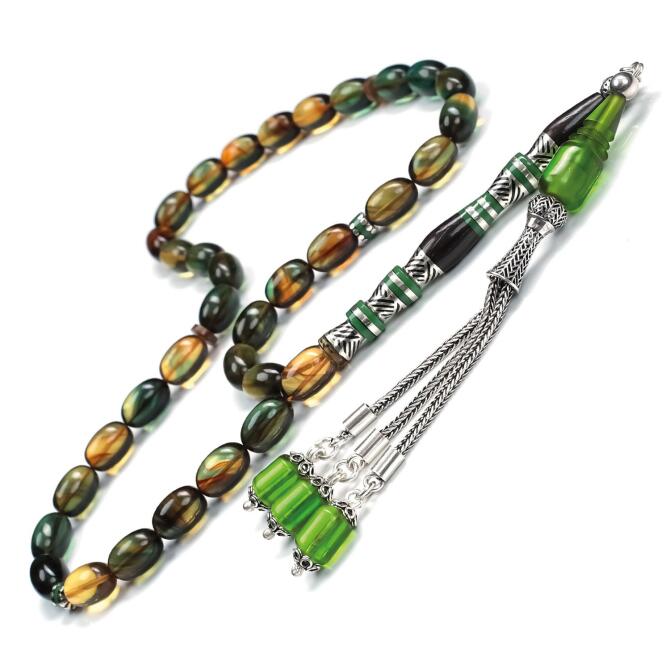 Nakkaş İmame Amazon Yeşili Sıkma Kehribar Tesbih - Tesbihcibaba