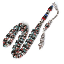 Nakkaş Kızıl Turkuaz Gümüş Yarma Erzurum Oltu Taşı Tesbih - 2