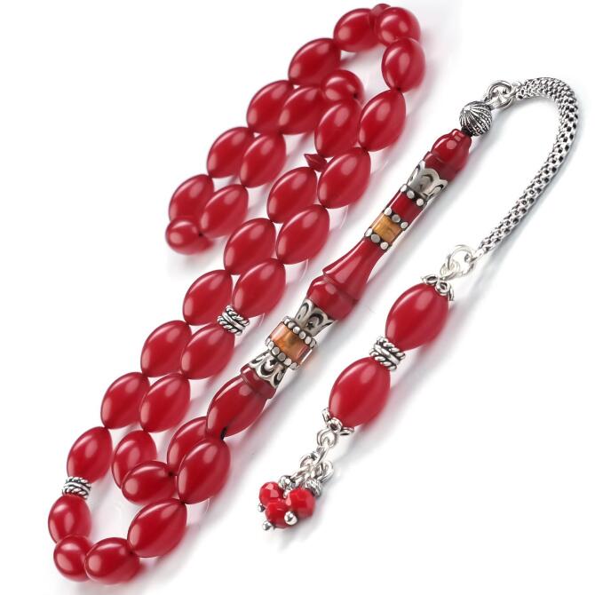 Nakkaş Soft Kırmızı Gümüş Tasarım Sıkma Kehribar Tesbih - Tesbihcibaba