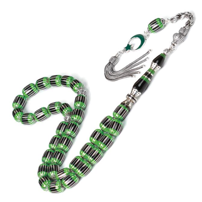 Nakkaş Yeşil Siyah Gümüş Yarma Erzurum Oltu Taşı Tesbih - Tesbihcibaba