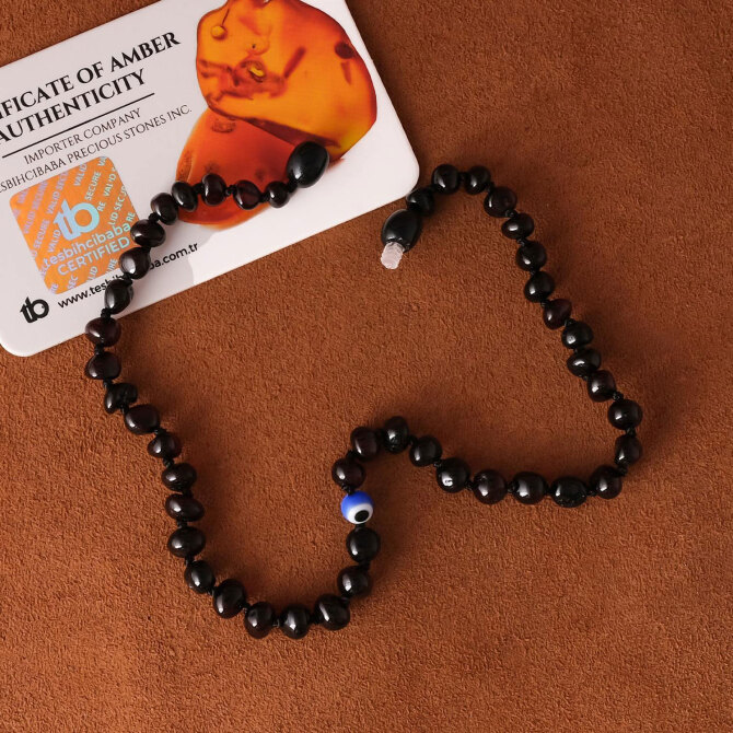 Nazar Boncuğu Tasarım Damla Kehribar Bebek Diş Kolyesi - Tesbihcibaba