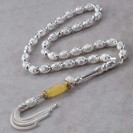 Nokta İşleme Damla Kehribar Tasarım 925 Ayar Gümüş Tesbih - 1