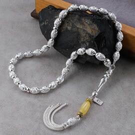 Nokta İşleme Damla Kehribar Tasarım 925 Ayar Gümüş Tesbih - 2