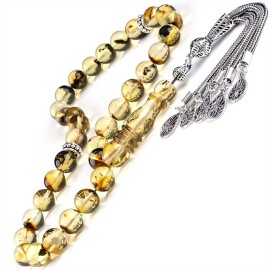 Old Class 5 Saçaklı Gümüş Püskül Damla Kehribar Tesbih - Tesbihcibaba