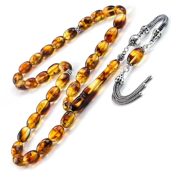 Old Class Tek Zincir Fosilli Damla Kehribar Tesbih - Tesbihcibaba