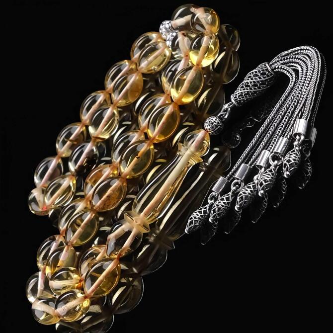 Old Class Fosilli Beyzi Kesim Damla Kehribar Tesbih - Tesbihcibaba