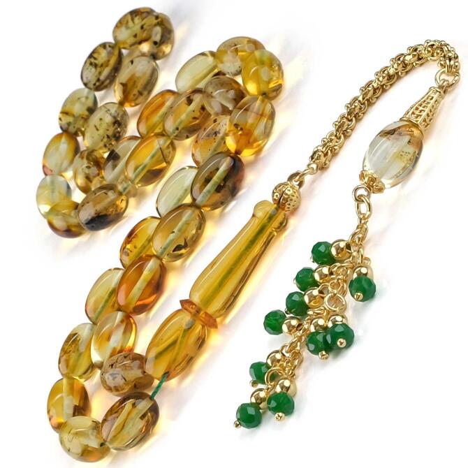 Old Class Gold Püskül Fosilli Damla Kehribar Tesbih - Tesbihcibaba