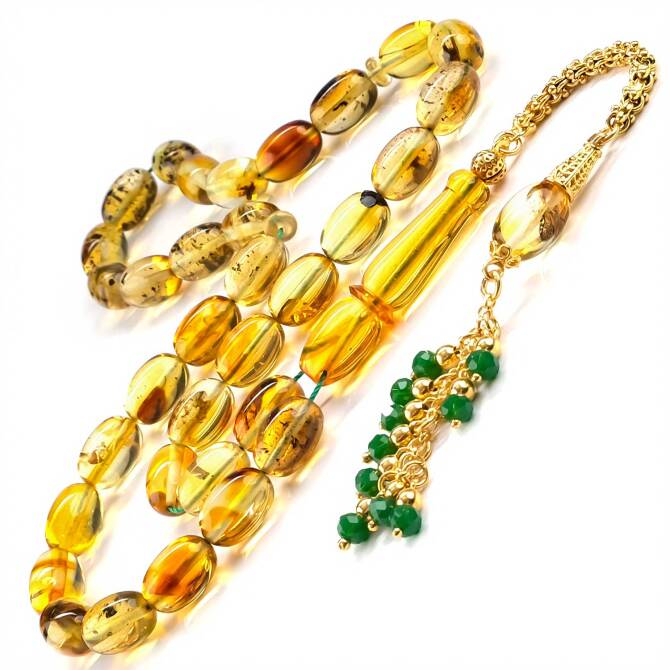 Old Class Gold Püskül Fosilli Damla Kehribar Tesbih - Tesbihcibaba