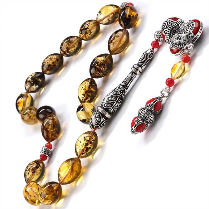 Old Class Tek Ve Eşsiz Maskot Fosilli Damla Kehribar Tesbih - Tesbihcibaba