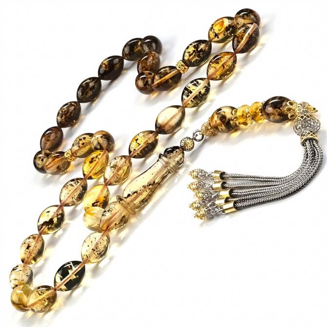 Old Class Yoğun Fosil Yapısyla Damla Kehribar Tesbih - Tesbihcibaba