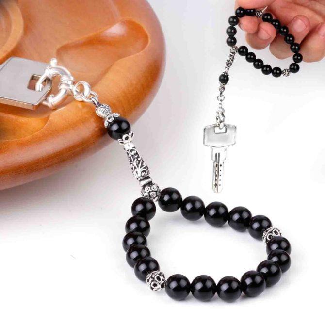 Oniks Taşı Gümüş Tesbih Anahtarlık - Tesbihcibaba