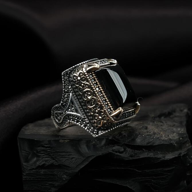 Oniks Taşlı Katip Model Gümüş Yüzük - Tesbihcibaba