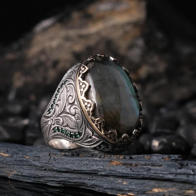 Orjinal Labradorit Stone-set 925 K Certified Silver Ring