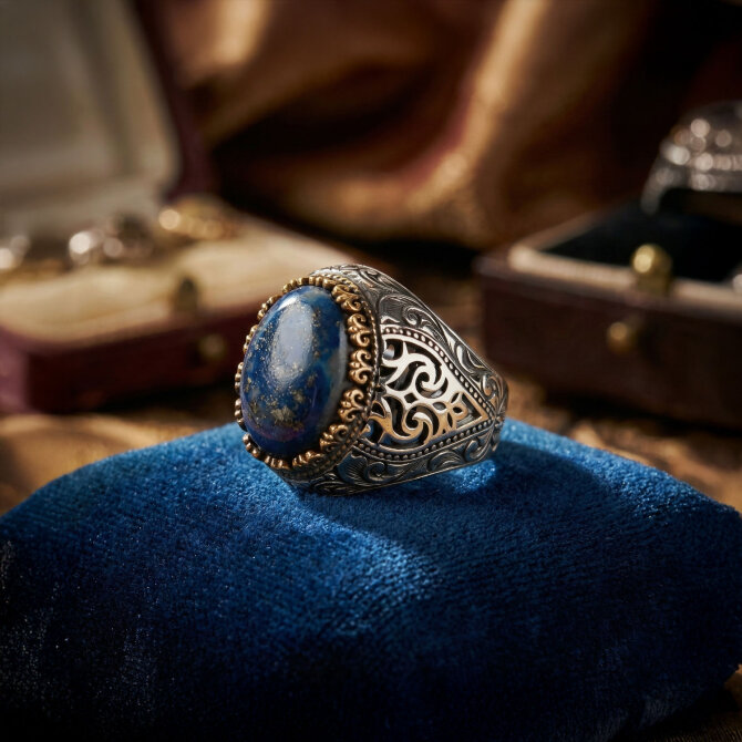Orjinal Lapis Lazuli Taşlı Sertifikalı Gümüş Yüzük - Tesbihcibaba