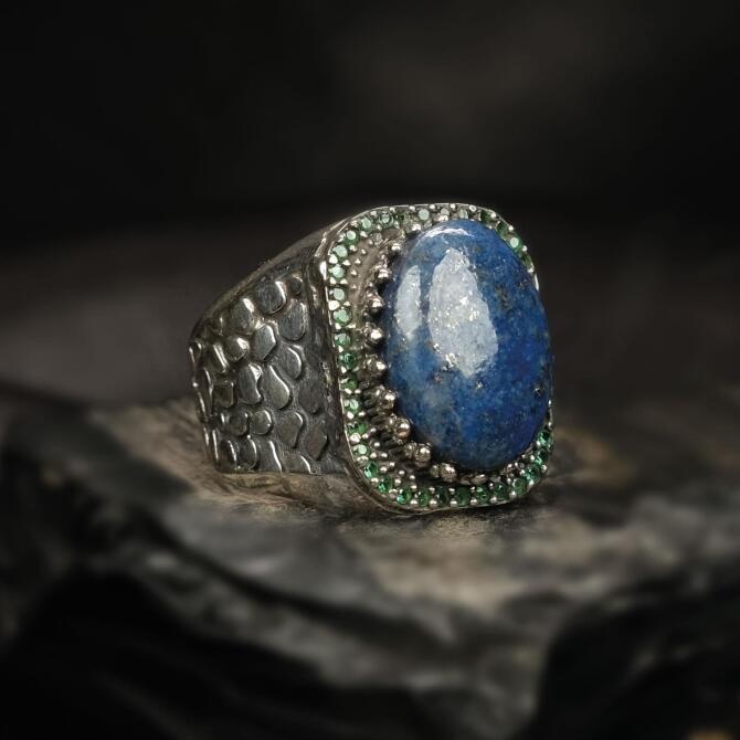 Orjinal Lapis Lazuli Taşlı Sertifikalı Zirkon Gümüş Yüzük - Tesbihcibaba