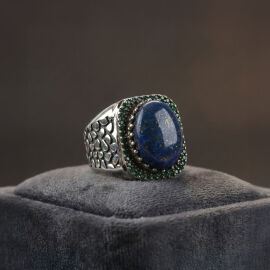 Orjinal Lapis Lazuli Taşlı Sertifikalı Zirkon Gümüş Yüzük - 2