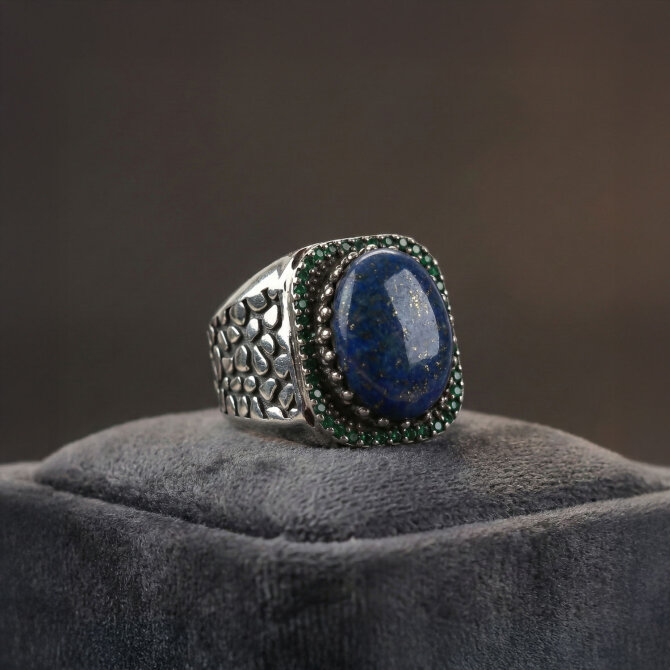 Orjinal Lapis Lazuli Taşlı Sertifikalı Zirkon Gümüş Yüzük - Tesbihcibaba