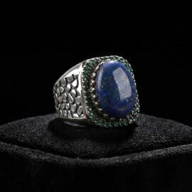 Orjinal Lapis Lazuli Taşlı Sertifikalı Zirkon Gümüş Yüzük - 1