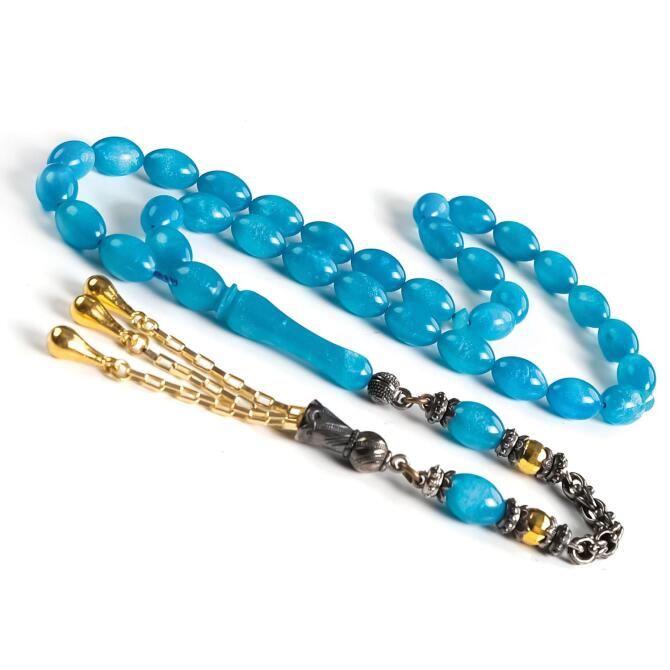 Özel Hamur Beyzi Kesim Firüze Renk Sıkma Kehribar Tesbih - Tesbihcibaba