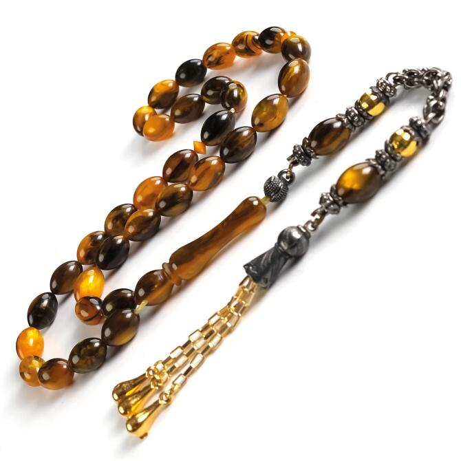 Özel Hamur Beyzi Kesim Sarı Hareli Sıkma Kehribar Tesbih - Tesbihcibaba