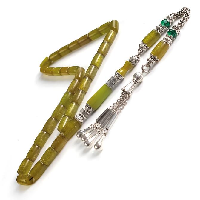 Özel Hamur Kesme Simli Yeşil Sıkma Kehribar Tesbih - Tesbihcibaba