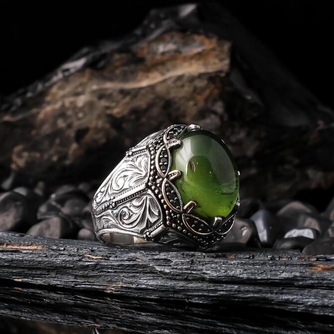 Special Engraving Slim Craftsmanship Karayip Drop Amber 925 K Silver Ring