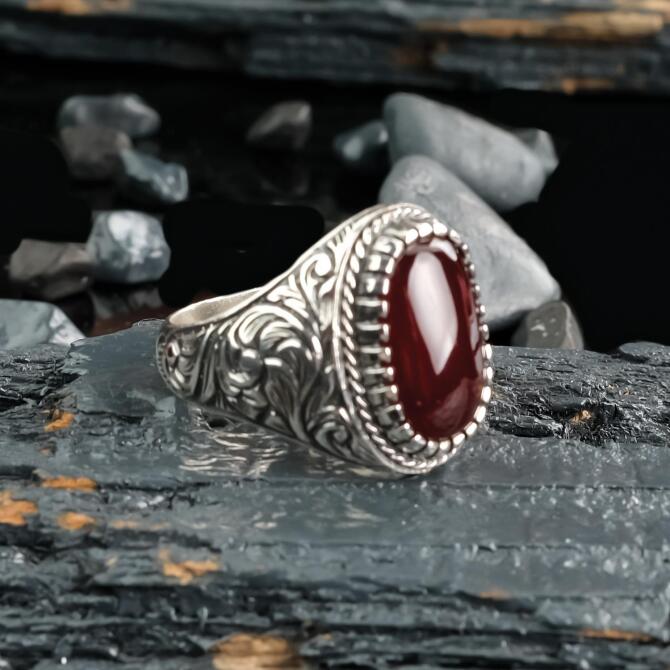 Özel Kalem İşi Osmanlı Kehribar Gümüş Yüzük - Tesbihcibaba