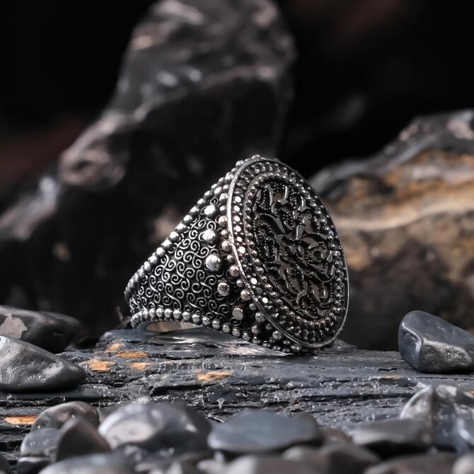 Özel Kalem İşleme Gümüş Yüzük - Tesbihcibaba