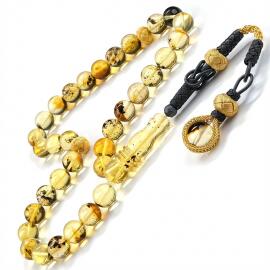 Özel Seri Kazaz Misket Kesim Fosilli Damla Kehribar Tesbih - Tesbihcibaba