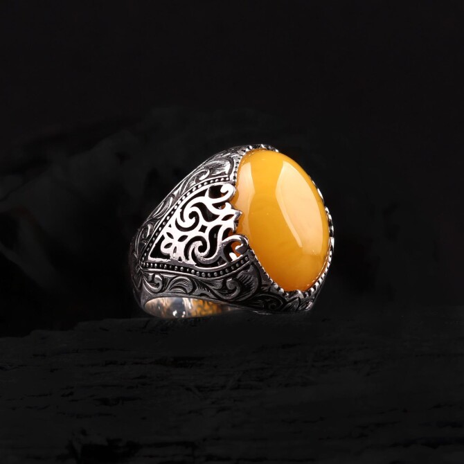 Special Design Moiré Drop Amber Silver Ring