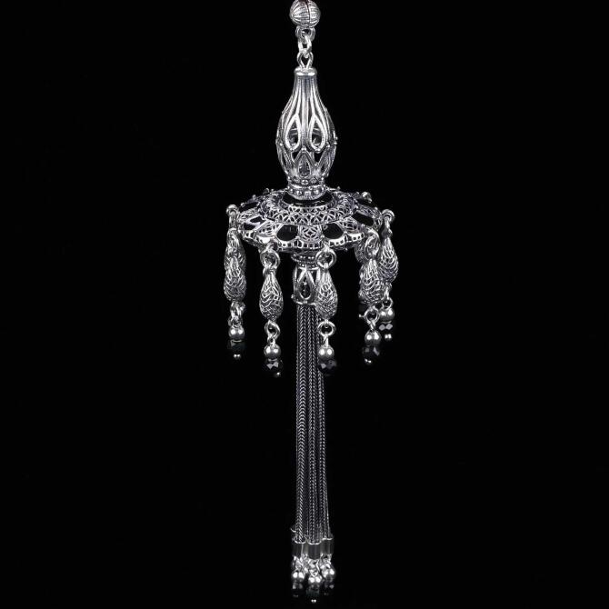 Özel Üretim Black Gray Semazen Gümüş 925 Ayar Tesbih Püskülü - Tesbihcibaba