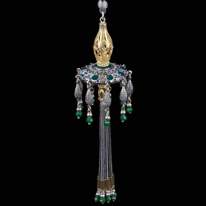 Özel Üretim Gold Green Semazen Gümüş 925 Ayar Tesbih Püskülü - Tesbihcibaba