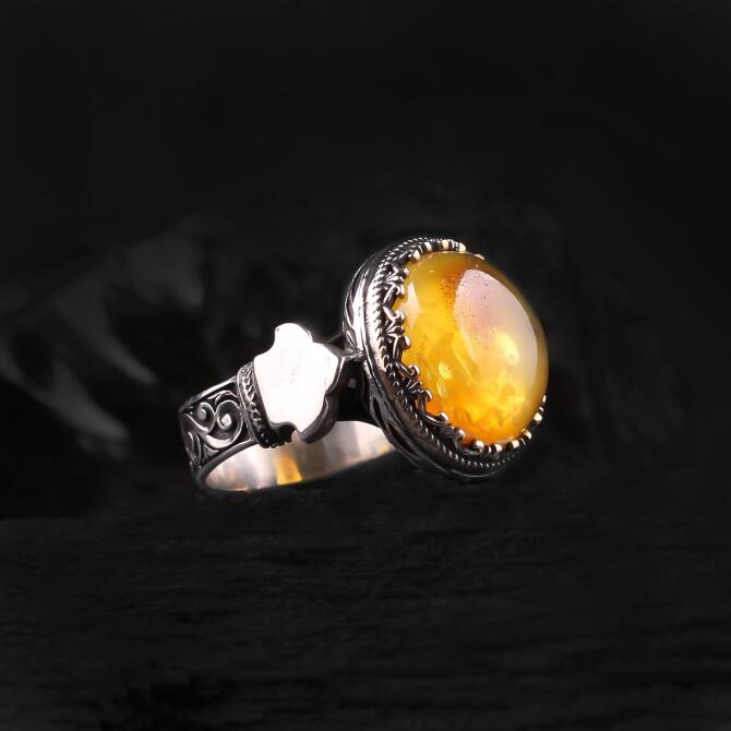 Special Yapım Buğulu Drop Amber Silver Ring
