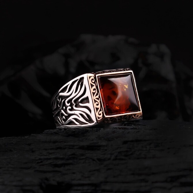 Special Yapım Fossil Drop Amber Silver Ring