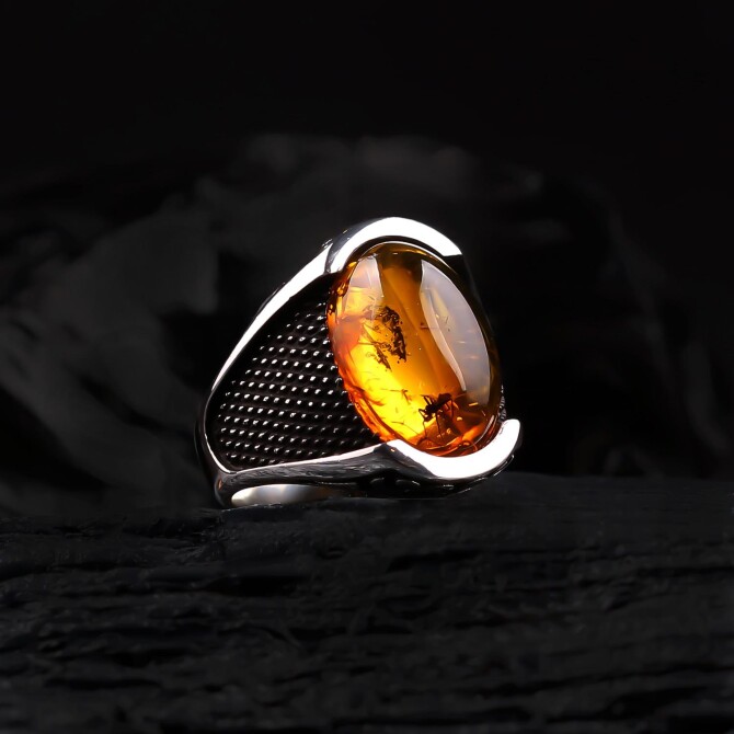 Special Yapım Sinek Fossil Drop Amber Silver Ring