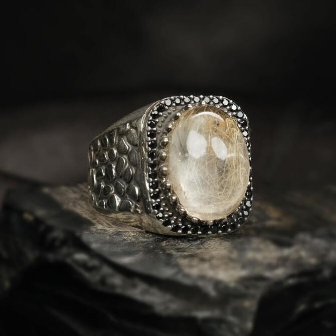 Para Taşı Sitrin Sertifikalı Mozaik Kasa Gümüş Yüzük - Tesbihcibaba